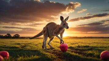 A kangaroo playfully interacts with a large apple against a sunset backdrop in a grassy field. photo