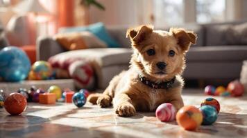 A playful puppy surrounded by colorful toys in a cozy living room. photo