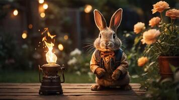 A whimsical rabbit in a vest beside a lantern and flowers, creating a cozy evening scene. photo