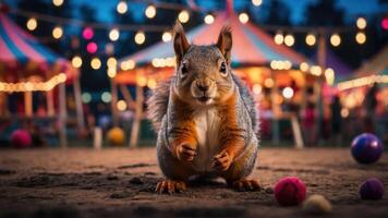 A close-up of a squirrel in a festive setting with colorful balls and lights. photo