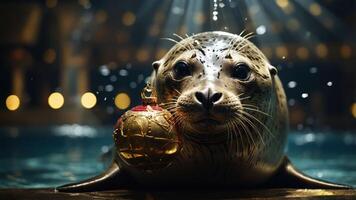 un sello sostiene un festivo ornamento en un piscina, rodeado por reluciente luces. foto