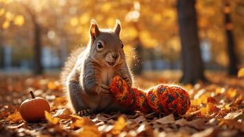 A playful squirrel interacts with colorful yarn in a vibrant autumn setting. photo