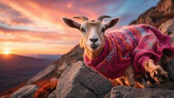 A goat in a colorful sweater poses on rocky terrain during a vibrant sunset. photo