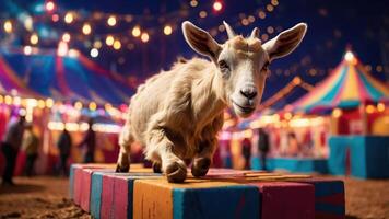 A goat performing at a lively circus with colorful tents and festive lights in the background. photo