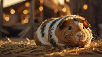 A close-up of a guinea pig resting on straw with a warm, soft background. photo