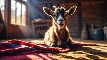 A goat lounging on a colorful blanket in a rustic barn setting. photo