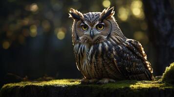 An owl perched on a mossy log in a serene forest setting, showcasing its striking features. photo