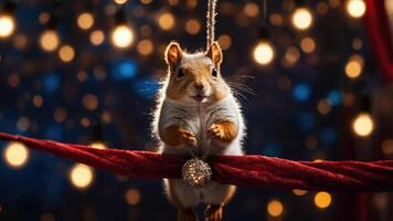 A squirrel balancing on a rope with a festive background of glowing lights. photo