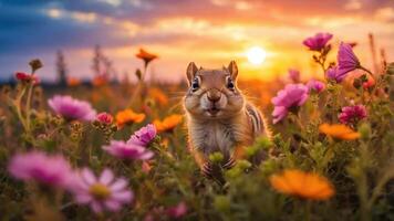 A chipmunk amidst colorful flowers at sunset, capturing nature's beauty and tranquility. photo