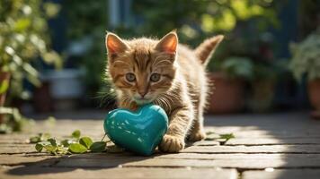 A playful kitten with a heart-shaped object in a sunlit garden setting. photo