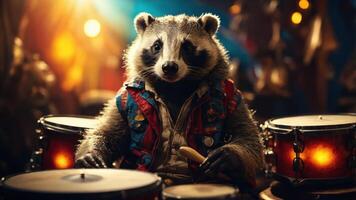 A raccoon dressed in a colorful vest plays drums in a lively setting. photo