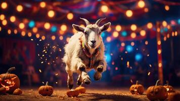 A joyful goat leaps amidst festive pumpkins and colorful lights in a lively atmosphere. photo