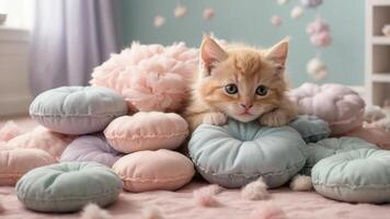 A playful kitten resting on colorful, fluffy cushions in a cozy setting. photo