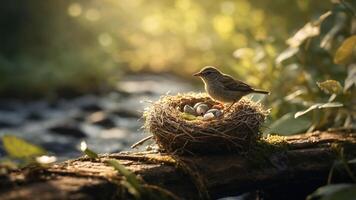 A bird stands guard over its nest filled with eggs in a serene natural setting. photo