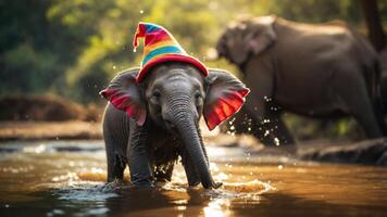 A playful baby elephant wearing a colorful hat splashes in the water with another elephant nearby. photo
