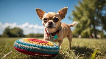 A playful Chihuahua stands on grass with a colorful crocheted frisbee. photo