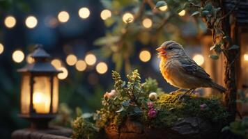 A bird sings amidst soft lights and greenery, creating a serene atmosphere. photo