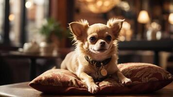 A Chihuahua resting comfortably on a decorative pillow in a cozy setting. photo