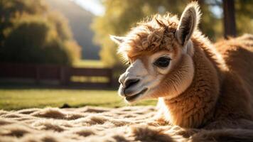 A close-up of a relaxed llama resting on soft grass in a serene outdoor setting. photo