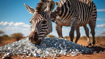 A zebra forages on a pile of shiny, broken glass in a dry landscape. photo