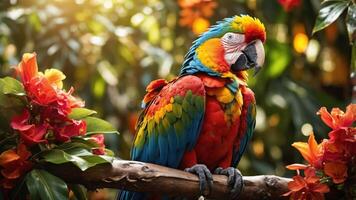 A vibrant parrot perched on a branch surrounded by colorful flowers in a lush environment. photo