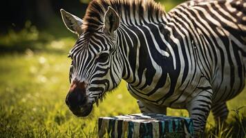 A zebra stands beside a colorful block in a grassy area, illuminated by sunlight. photo