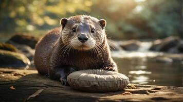 A playful otter resting on a cushion by a serene riverbank. photo