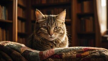 A tabby cat resting on a colorful quilt in a cozy library setting. photo