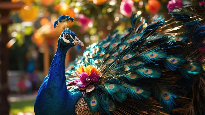 A vibrant peacock displays its colorful feathers adorned with flowers in a lush garden setting.