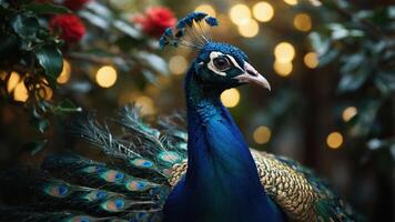 A vibrant peacock displaying its colorful feathers amidst soft bokeh lights. photo