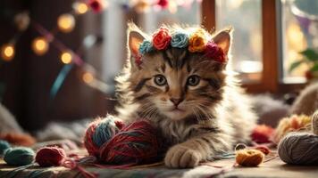 A playful kitten adorned with a flower crown, surrounded by colorful yarn in a cozy setting. photo