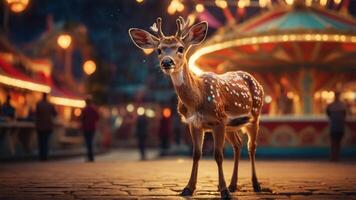 A young deer stands in front of a colorful carousel at dusk, creating a whimsical atmosphere. photo