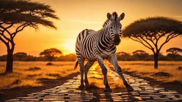 A zebra walking along a path at sunset with silhouettes of trees in the background. photo