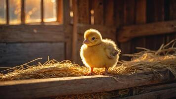 A fluffy yellow chick stands on straw in a rustic barn, illuminated by warm sunlight. photo