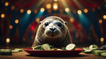 A seal sits in a circus setting, surrounded by cucumber slices on a plate. photo