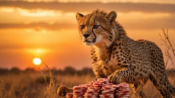 A cheetah standing on a stack of poker chips at sunset, blending nature with gaming themes. photo