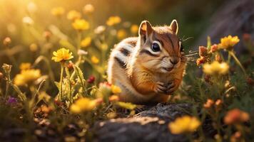 A cute chipmunk sits among vibrant flowers, capturing a serene moment in nature. photo