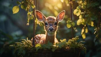 A fawn peeks out from a woven basket surrounded by lush greenery in a serene forest setting. photo