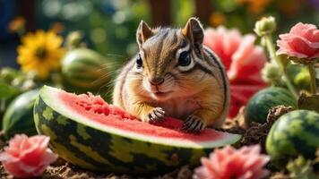 A chipmunk enjoys a slice of watermelon surrounded by flowers and melons in a vibrant setting. photo