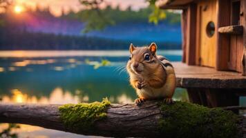 A chipmunk perched on a mossy branch near a serene lake at sunset. photo