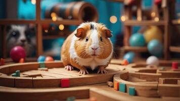 A cute guinea pig on a wooden maze with colorful balls and a playful background. photo