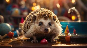 A cute hedgehog with a small red object in a whimsical, colorful setting. photo