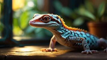 A colorful lizard basking in warm light, showcasing its vibrant patterns and textures. photo