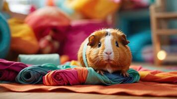 A cute guinea pig rests on colorful fabric, surrounded by vibrant pillows and a cozy setting. photo