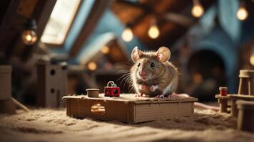 A cute mouse explores a cardboard setup in a cozy, illuminated attic space. photo