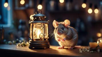 A cute mouse beside a glowing lantern in a cozy, illuminated setting. photo