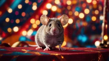 A close-up of a mouse against a colorful, festive background with bokeh lights. photo