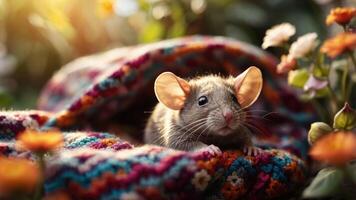 A cute mouse nestled in a colorful blanket among flowers in a warm, natural setting. photo