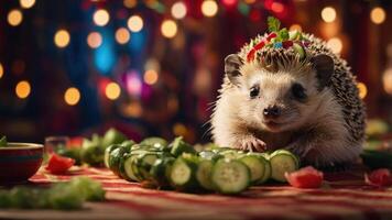 A hedgehog adorned with a colorful crown sits among sliced cucumbers on a festive table. photo