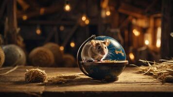 A mouse inside a globe on a wooden table in a rustic setting, illuminated by warm lights. photo